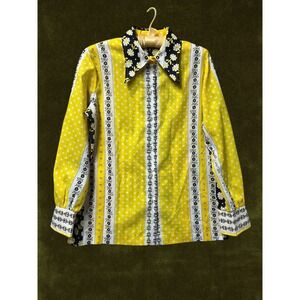 Vintage 70s Koret of California Daisy Polka Dot Dagger Collar Blouse Yellow L